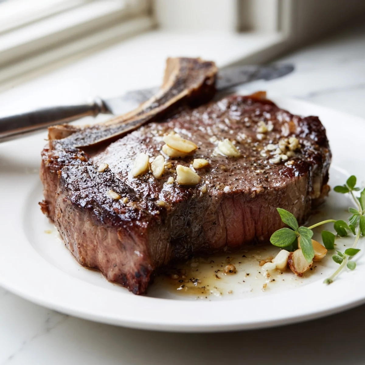 Golden-brown Pan Seared Ribeye Steak sizzling in a cast-iron skillet with melted butter, garlic, and fresh herbs for a caramelized crust.