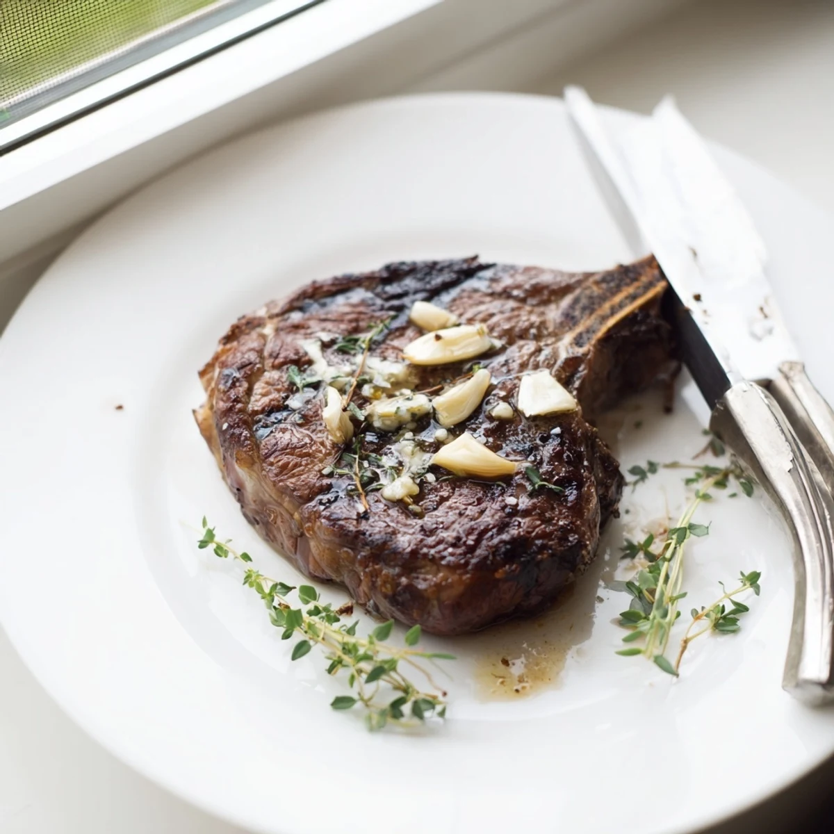 Plated Pan Seared Ribeye Steak served with roasted potatoes and a fresh green salad, showcasing a savory, restaurant-quality American dinner.
