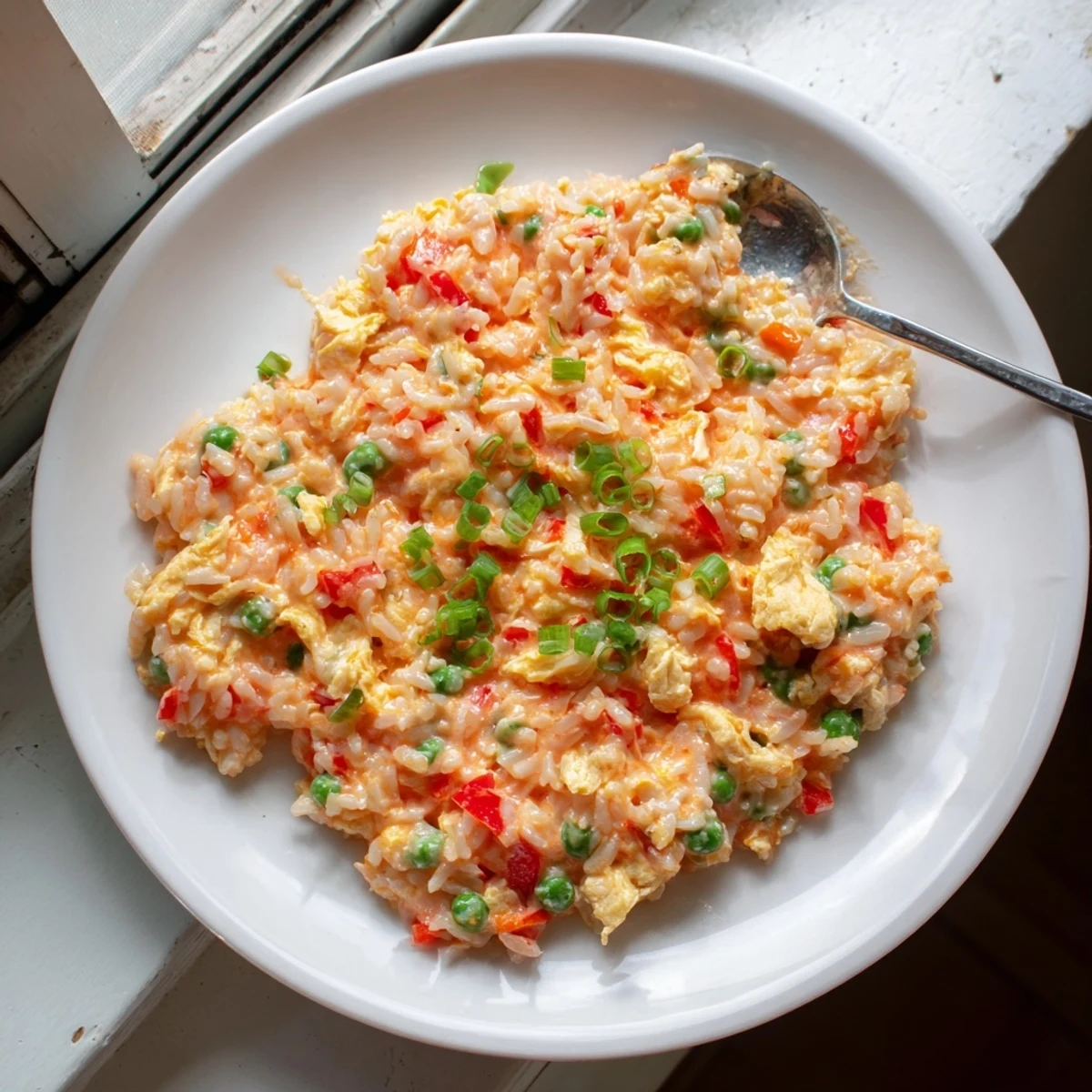 Golden yellow rice with diced red bell peppers, green onions, and scrambled eggs coated in a creamy Bang Bang Fried Rice sauce.