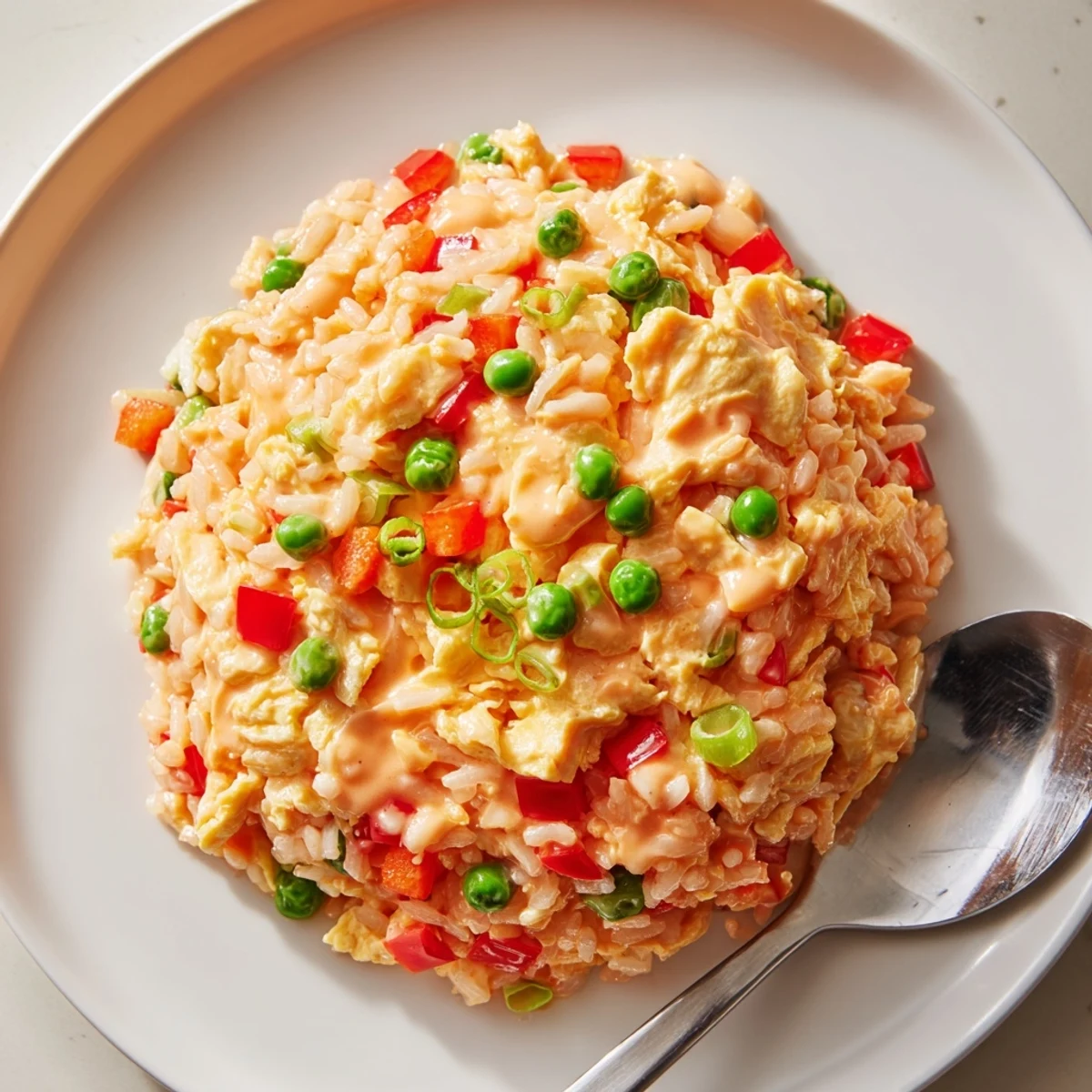 A close-up view of spicy Bang Bang Fried Rice with carrots, peas, and chili drizzle, perfect for a quick weeknight vegetarian meal.