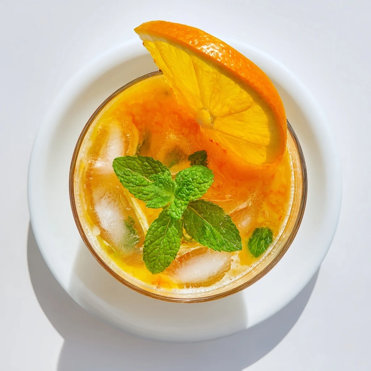 A tall glass of Refreshing Coconut Orange Glow garnished with mint and orange slices on a sunny table.