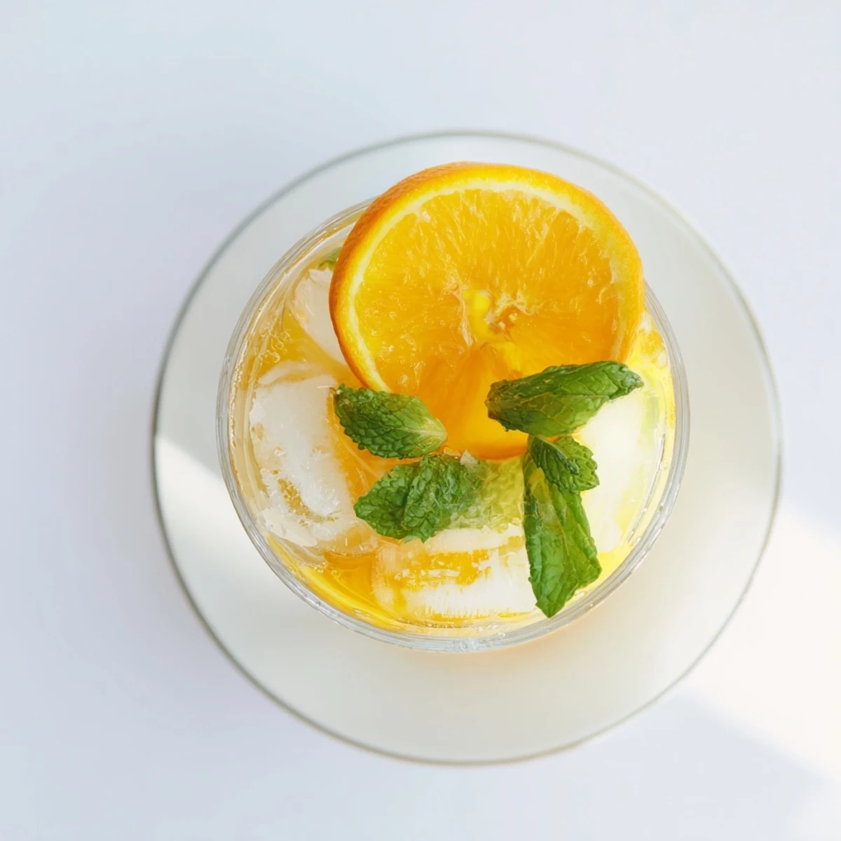 The vibrant layers of Refreshing Coconut Orange Glow are poured over ice in a clear glass with condensation.