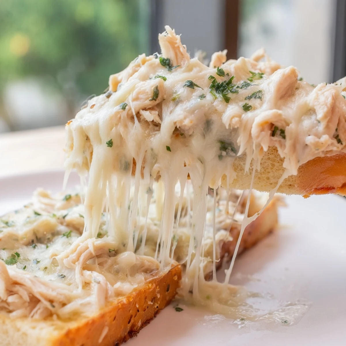 Golden-brown melted cheese blankets the Viral Chicken Alfredo Garlic Bread, with creamy chicken Alfredo peeking out from the toasted baguette.