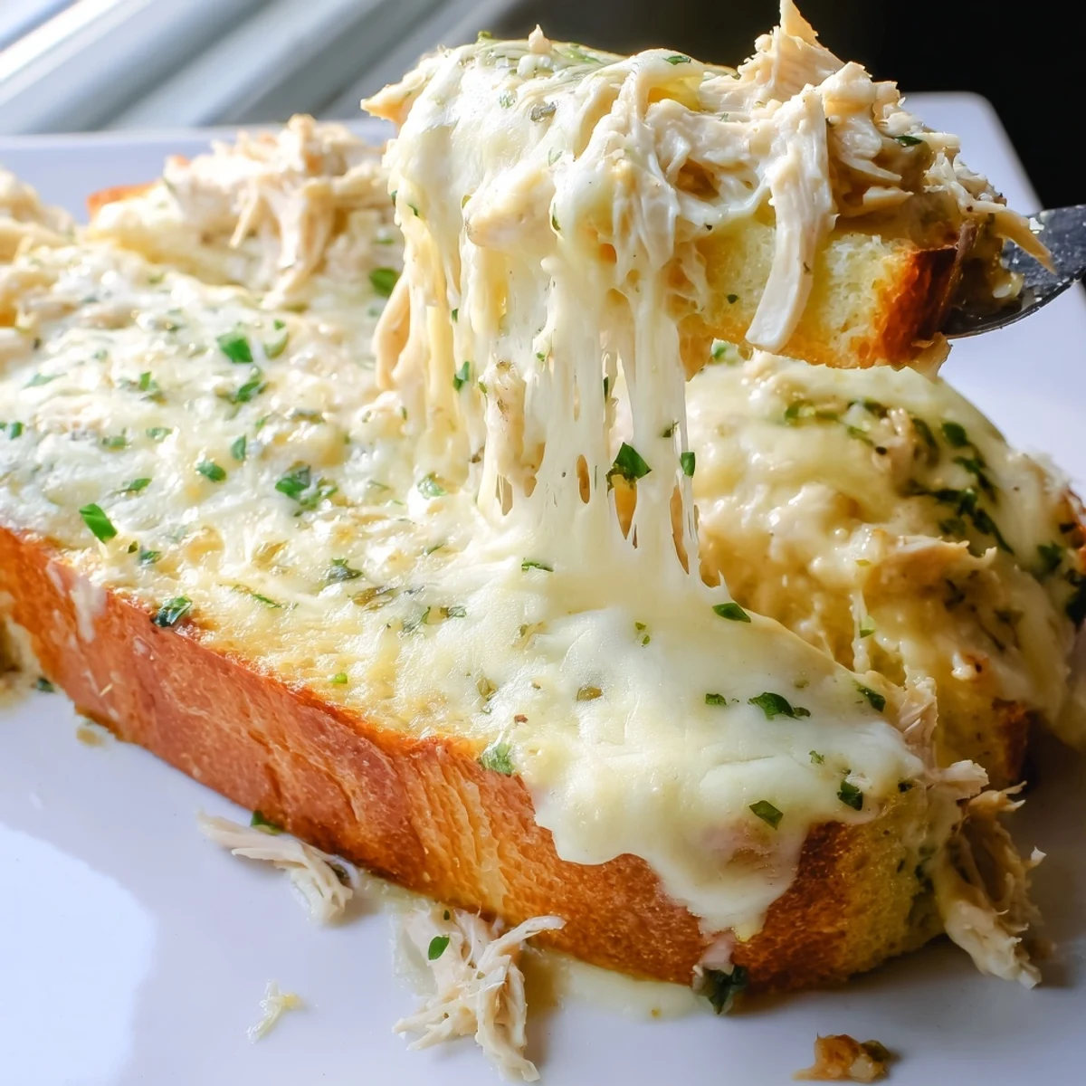 The Viral Chicken Alfredo Garlic Bread is served warm on a rustic wooden board, garnished with fresh parsley and ready to share.
