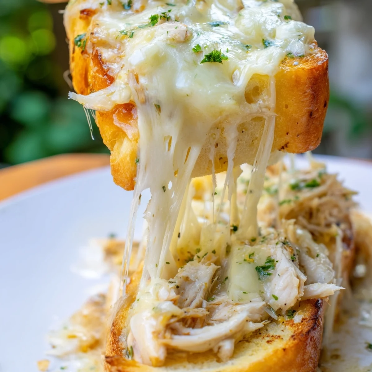 A close-up of the Viral Chicken Alfredo Garlic Bread shows gooey provolone and mozzarella stretching from a hearty chicken Alfredo topping.