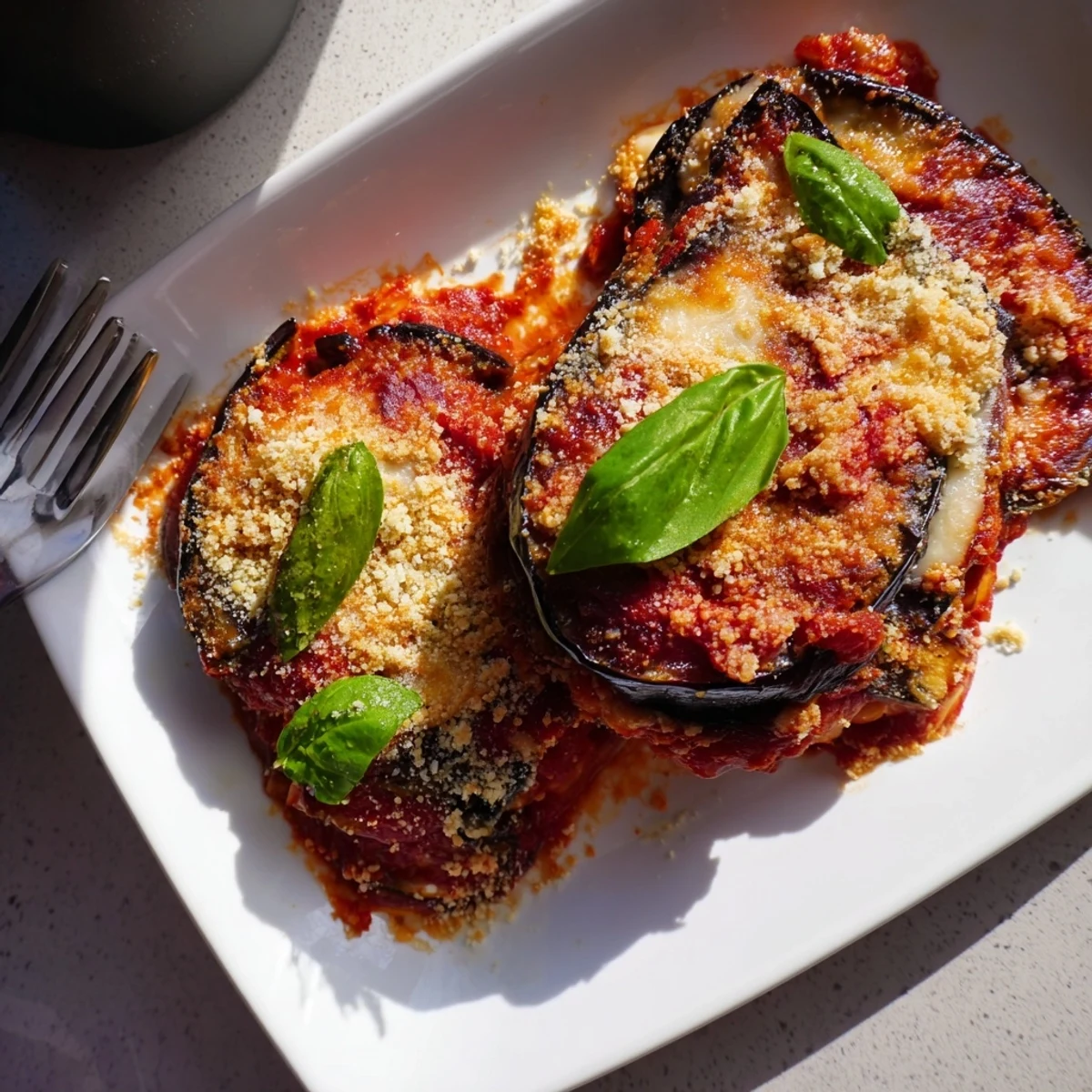 In a baking dish, the Charred Aubergine Parmigiana reveals a golden Parmesan topping and a vibrant red tomato sauce, ready to serve.