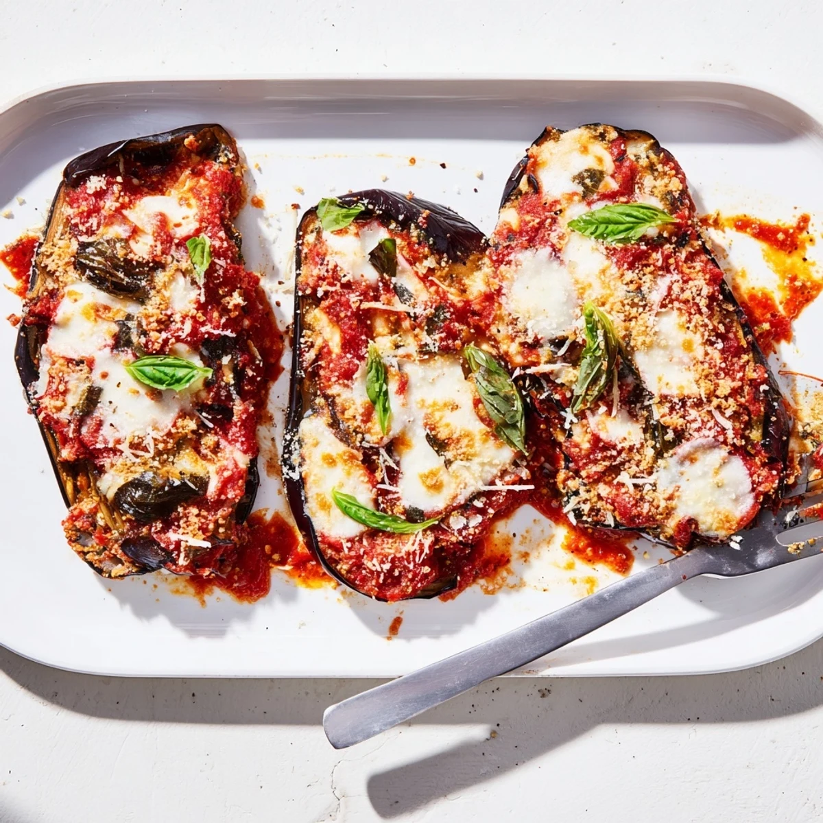 Hearty slices of Charred Aubergine Parmigiana are arranged in a skillet, emitting steam and paired with a side of fresh basil leaves.