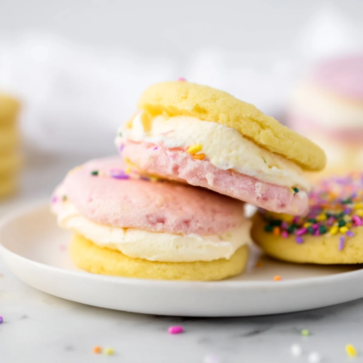 Pastel sugar cookie sandwiches on a plate with creamy vanilla buttercream filling, ideal for Easter dessert.