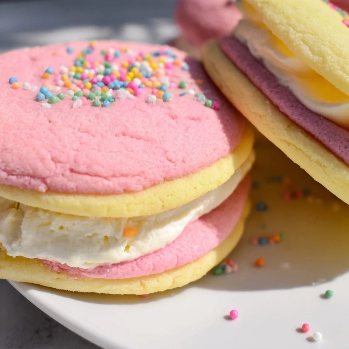 Warm pastel sugar cookie sandwiches stacked on a cooling rack with sprinkles and soft buttercream.