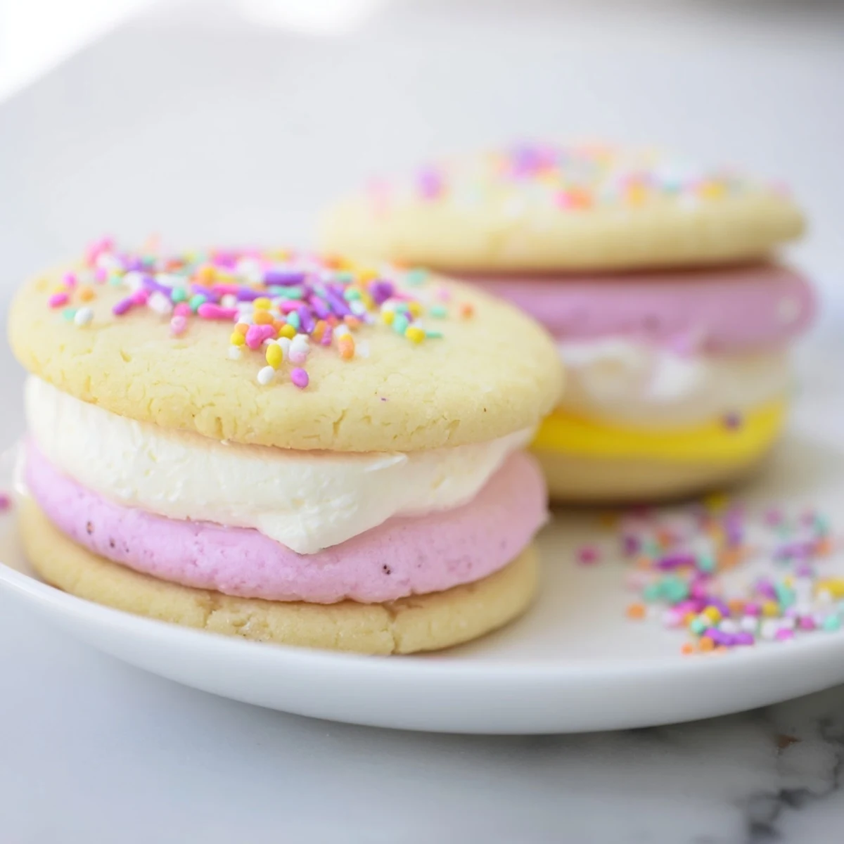 Bright pastel sugar cookie sandwiches arranged on a spring serving platter, perfect for festive gatherings.