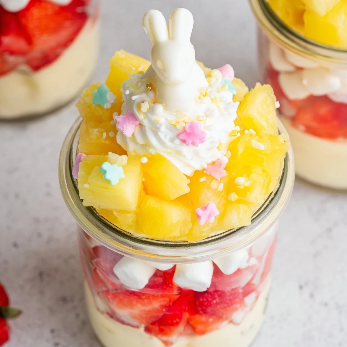 Vibrant layers of Jello Pie Easter Bunny Parfait In A Jar with creamy filling, fresh fruit, and marshmallow bunnies on top.