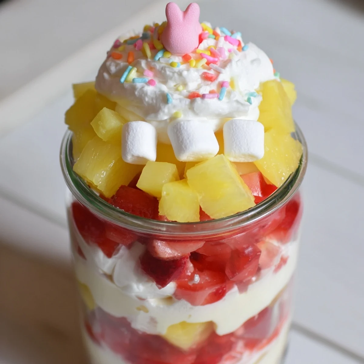 Sunshine-filled jars of Jello Pie Easter Bunny Parfait In A Jar showcase colorful gelatin cubes, diced strawberries, and festive pastel sprinkles.