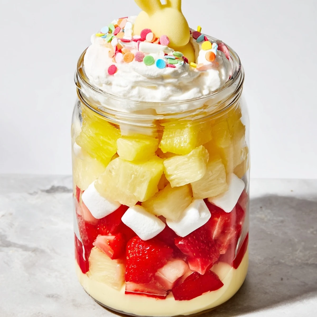 Delightful dessert presentation of Jello Pie Easter Bunny Parfait In A Jar featuring whipped cream, Peeps, and tropical pineapple layers.