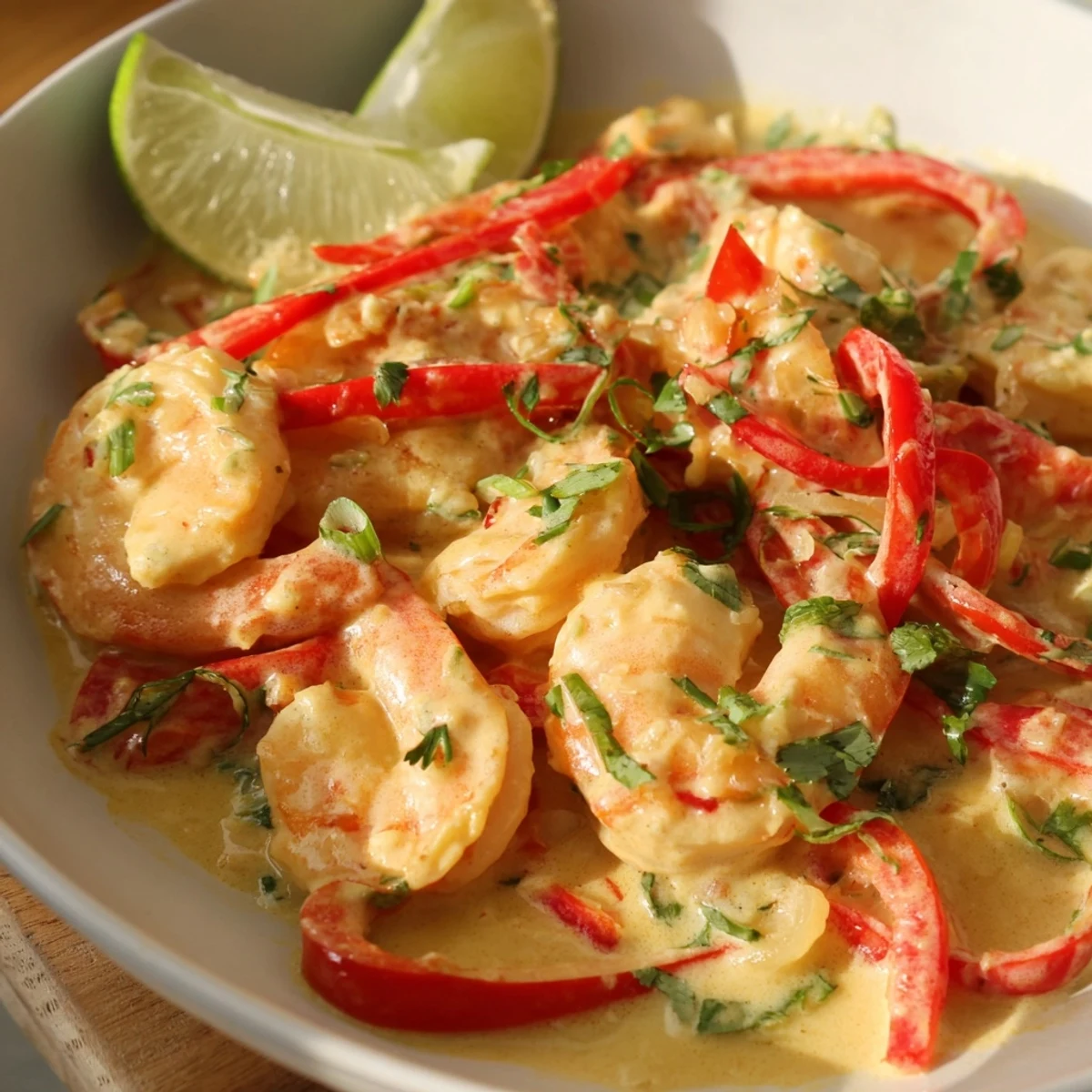 Creamy Coconut Shrimp Buffet Style served steaming hot in a white bowl with rice and cilantro garnish.