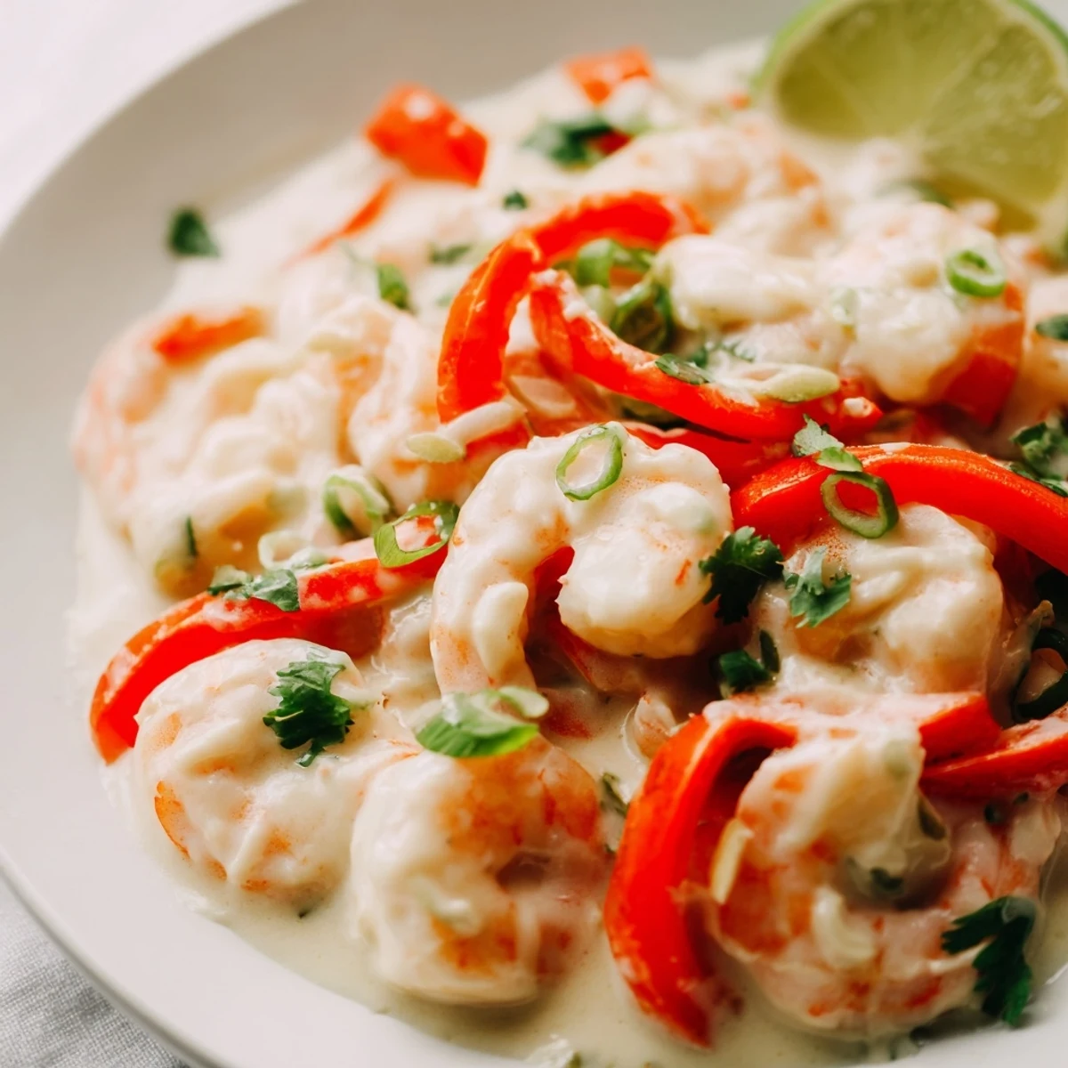 A close-up view of Creamy Coconut Shrimp Buffet Style glistening with velvety sauce and lime wedges.