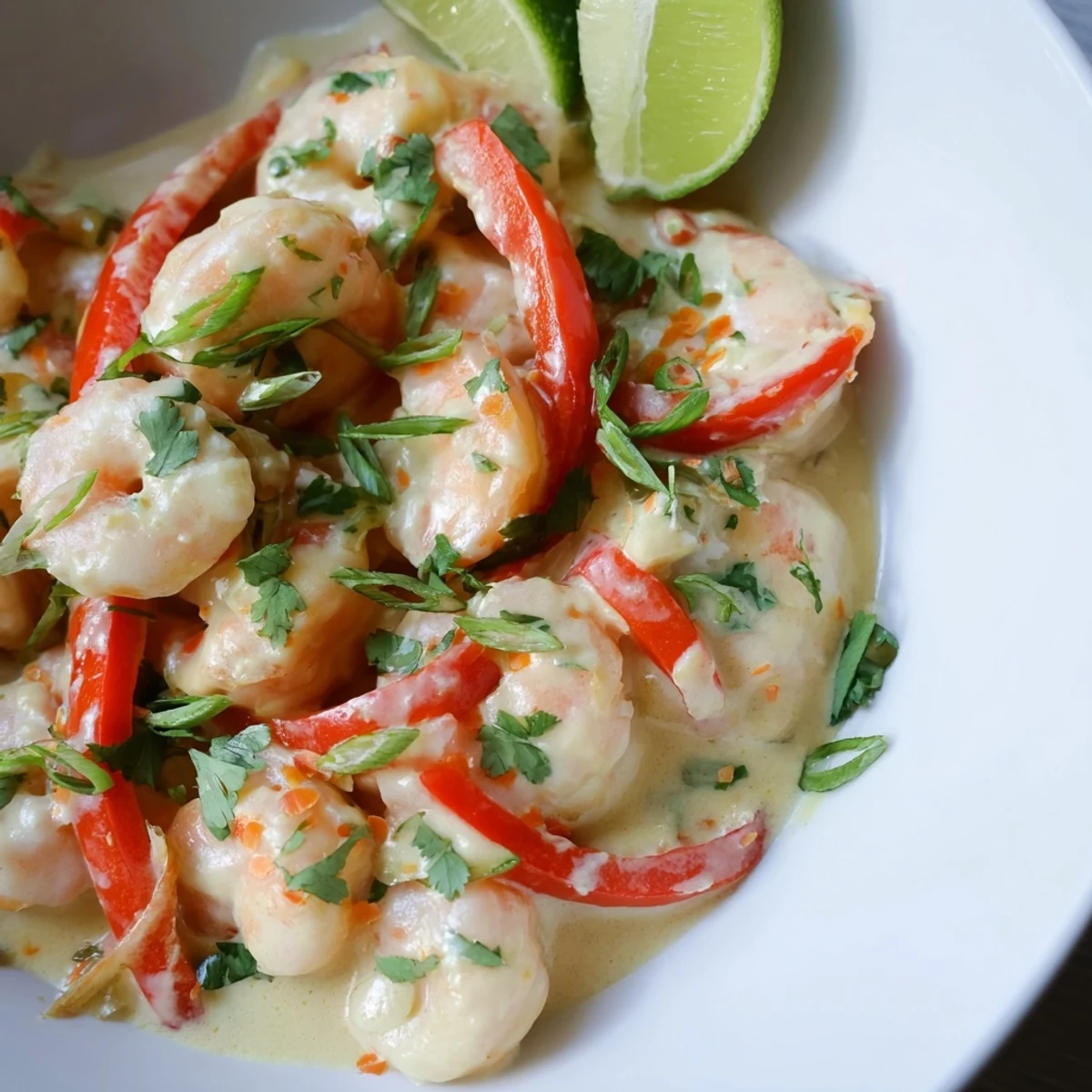 Platter of Creamy Coconut Shrimp Buffet Style ready for serving, topped with fresh green onions and herbs.