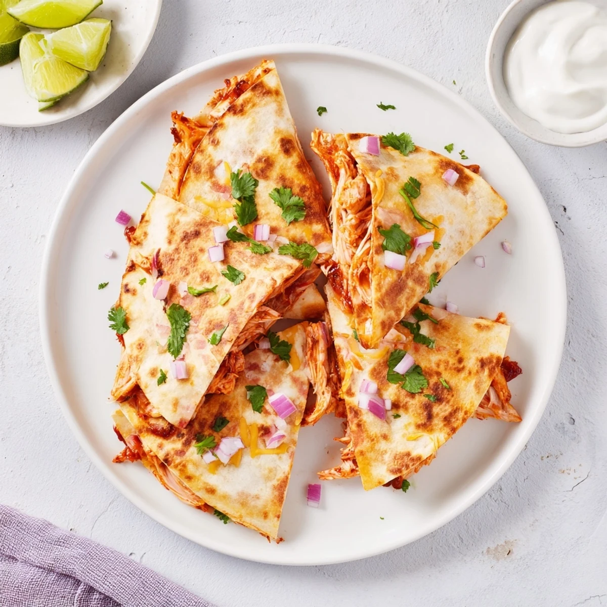 A close-up of Hot Honey BBQ Chicken Quesadillas cut into wedges, revealing tender chicken, gooey mozzarella, and diced red onion.