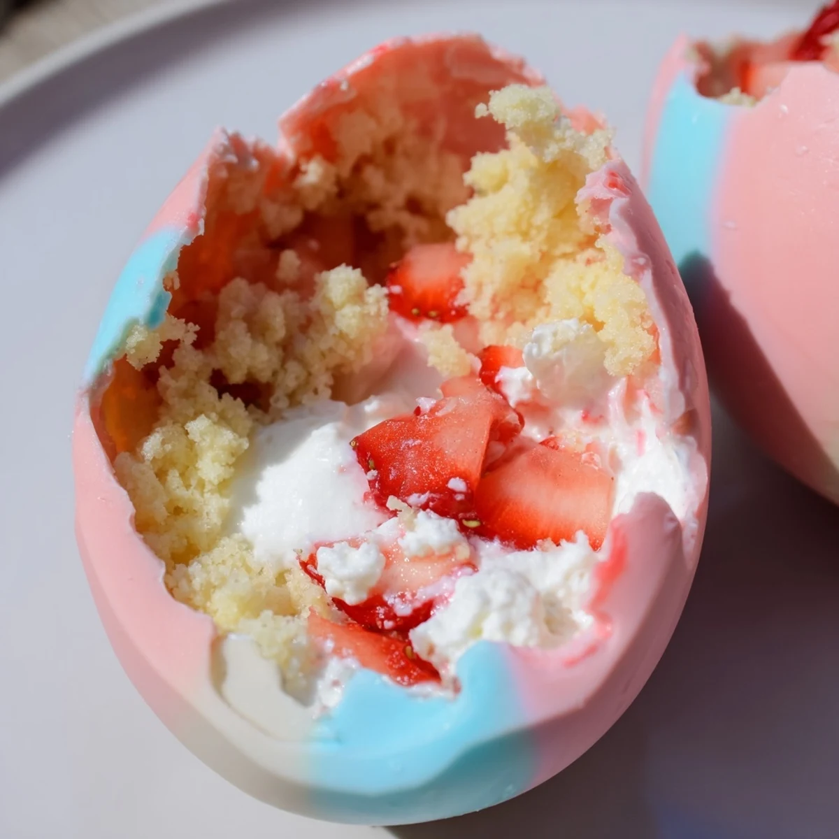 A close-up of Strawberry Shortcake Easter Egg Bombs on a pastel plate with crumbled shortcake, fresh strawberries, and whipped cream.