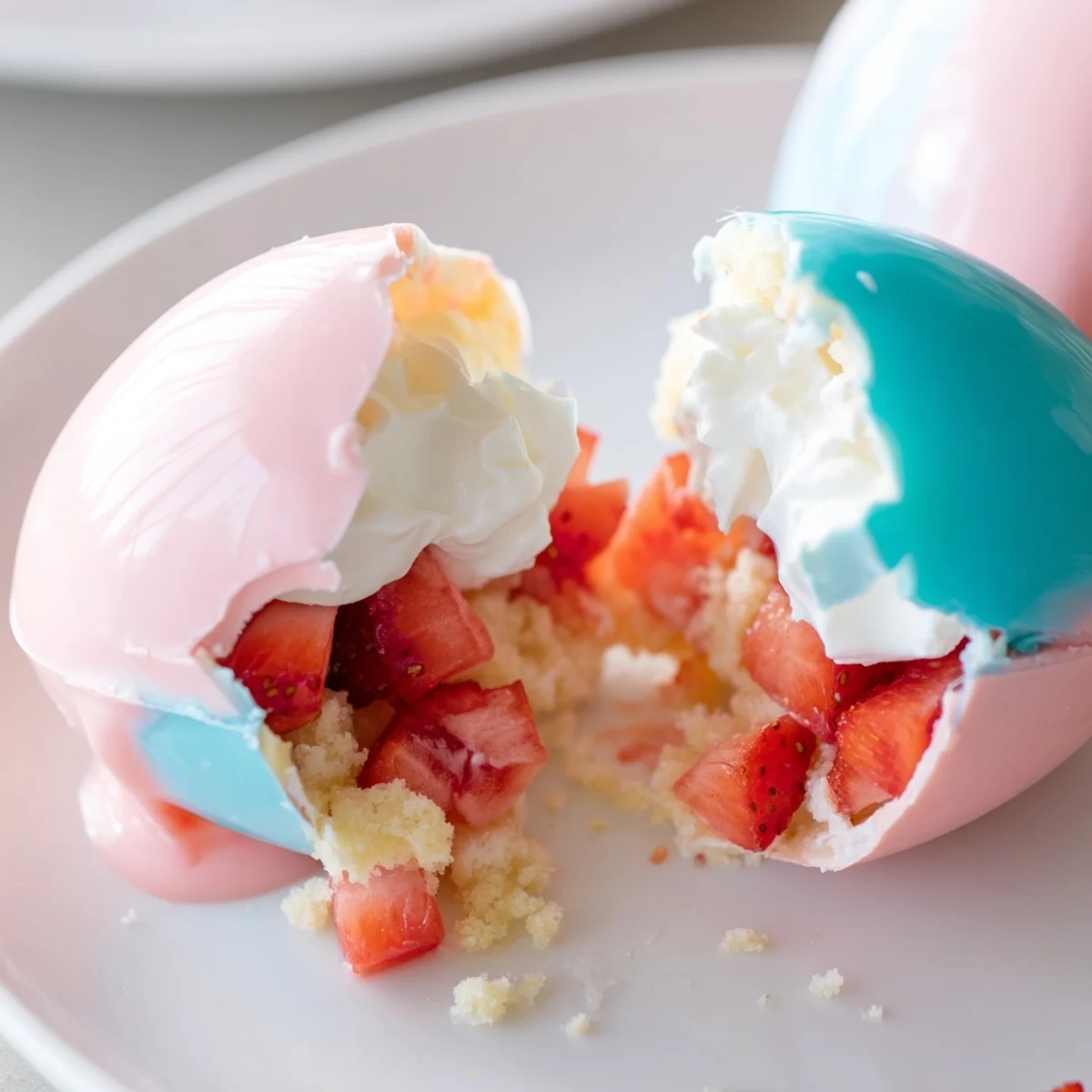 The white chocolate shell of a Strawberry Shortcake Easter Egg Bomb is gently cracked open to reveal strawberry filling inside.