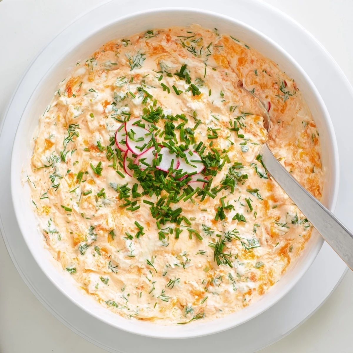 A close-up view of the creamy Simple Easter Herb Cheese Dip, showcasing its smooth texture with flecks of fresh parsley and lemon zest, paired with crunchy vegetable sticks.