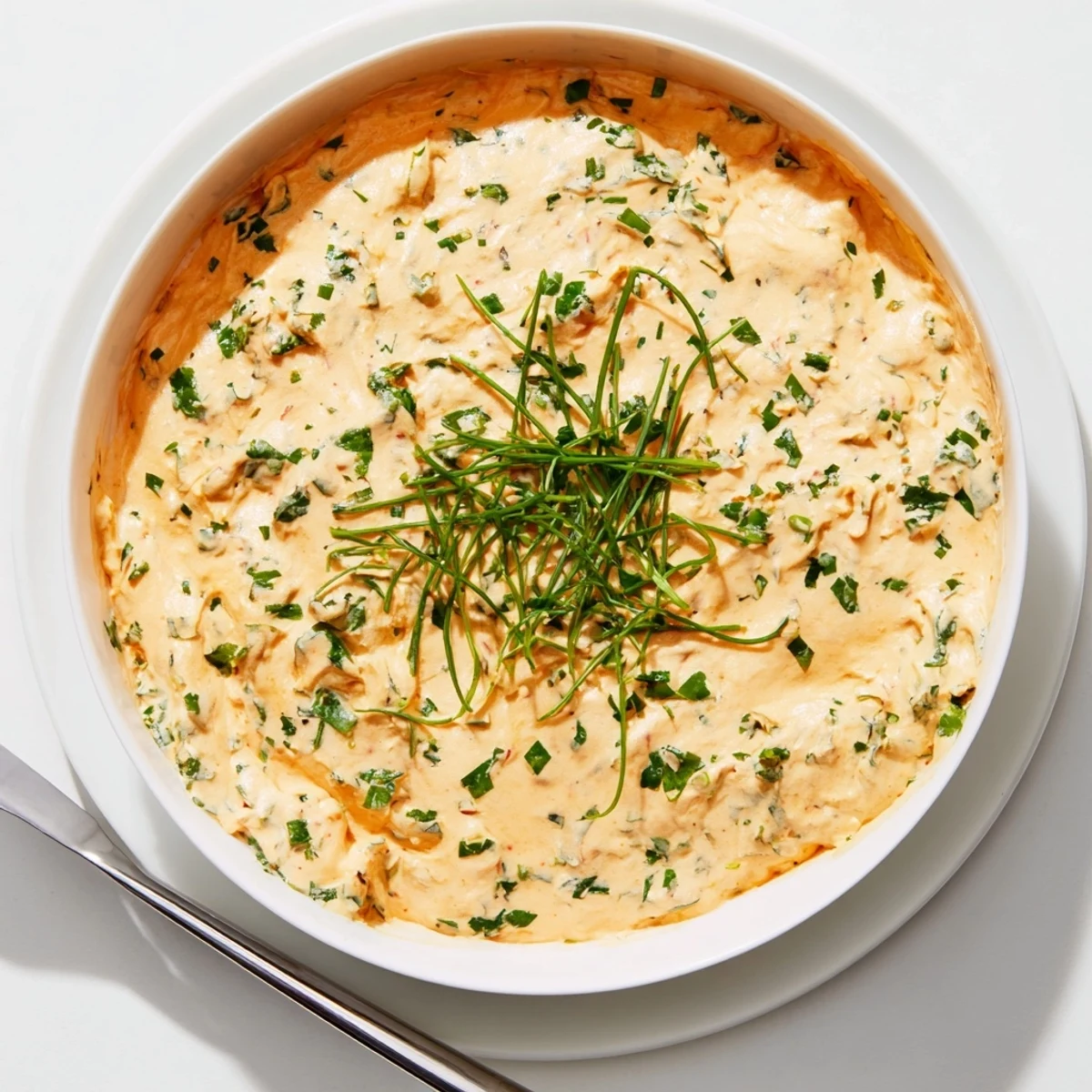 Freshly made Simple Easter Herb Cheese Dip in a white bowl, garnished with chopped chives and dill, surrounded by wheat crackers and colorful radish slices for a spring appetizer spread.