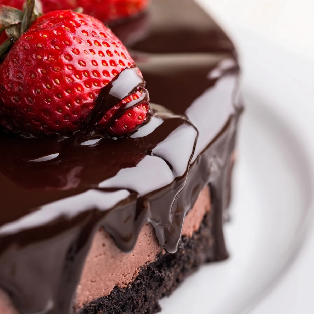A slice of Chocolate Covered Strawberry Cheesecake on a white plate, topped with glossy ganache and fresh strawberry halves, ready to serve.