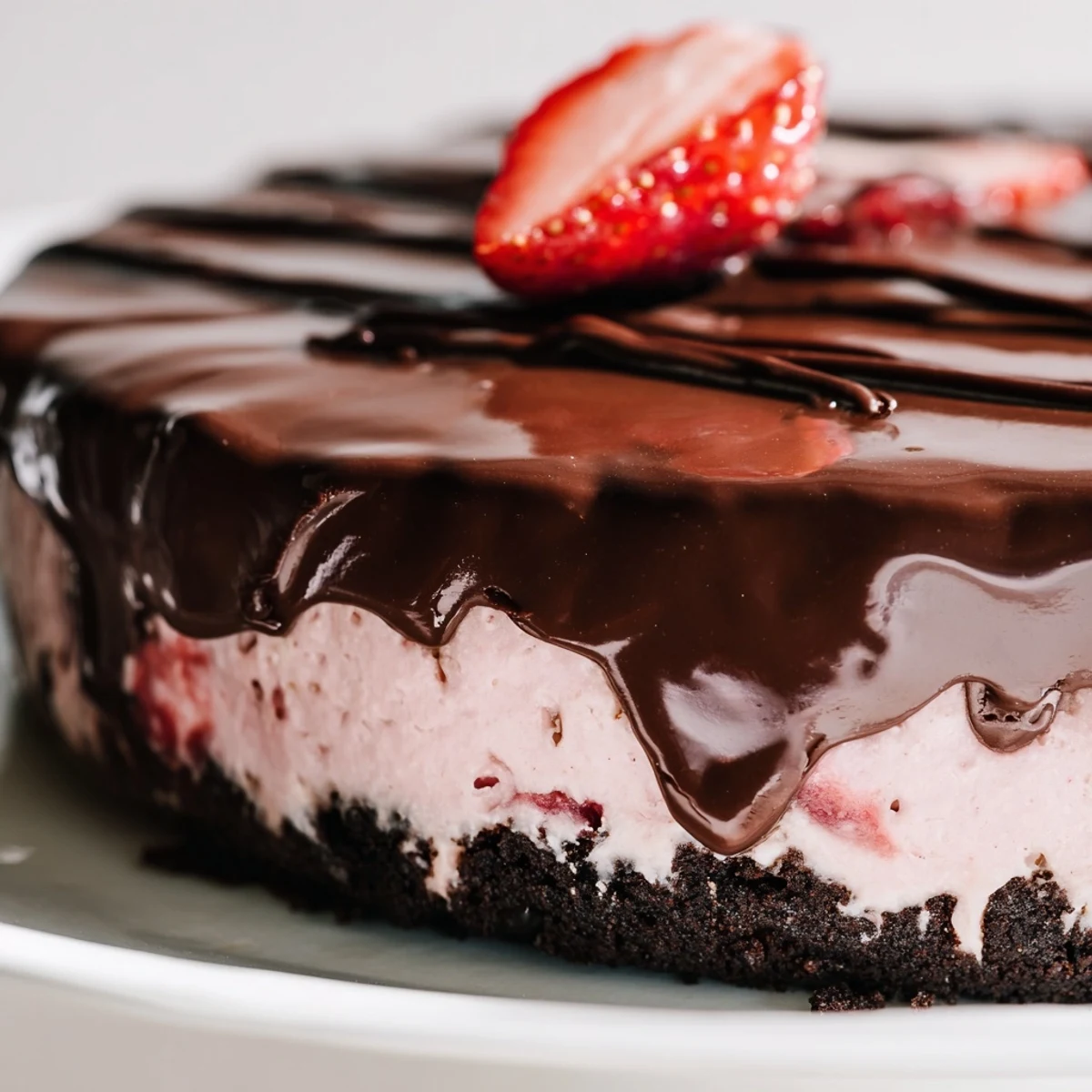Close-up of Chocolate Covered Strawberry Cheesecake showing a creamy, strawberry-swirled filling and a dark chocolate ganache glaze over a chocolate cookie crust.