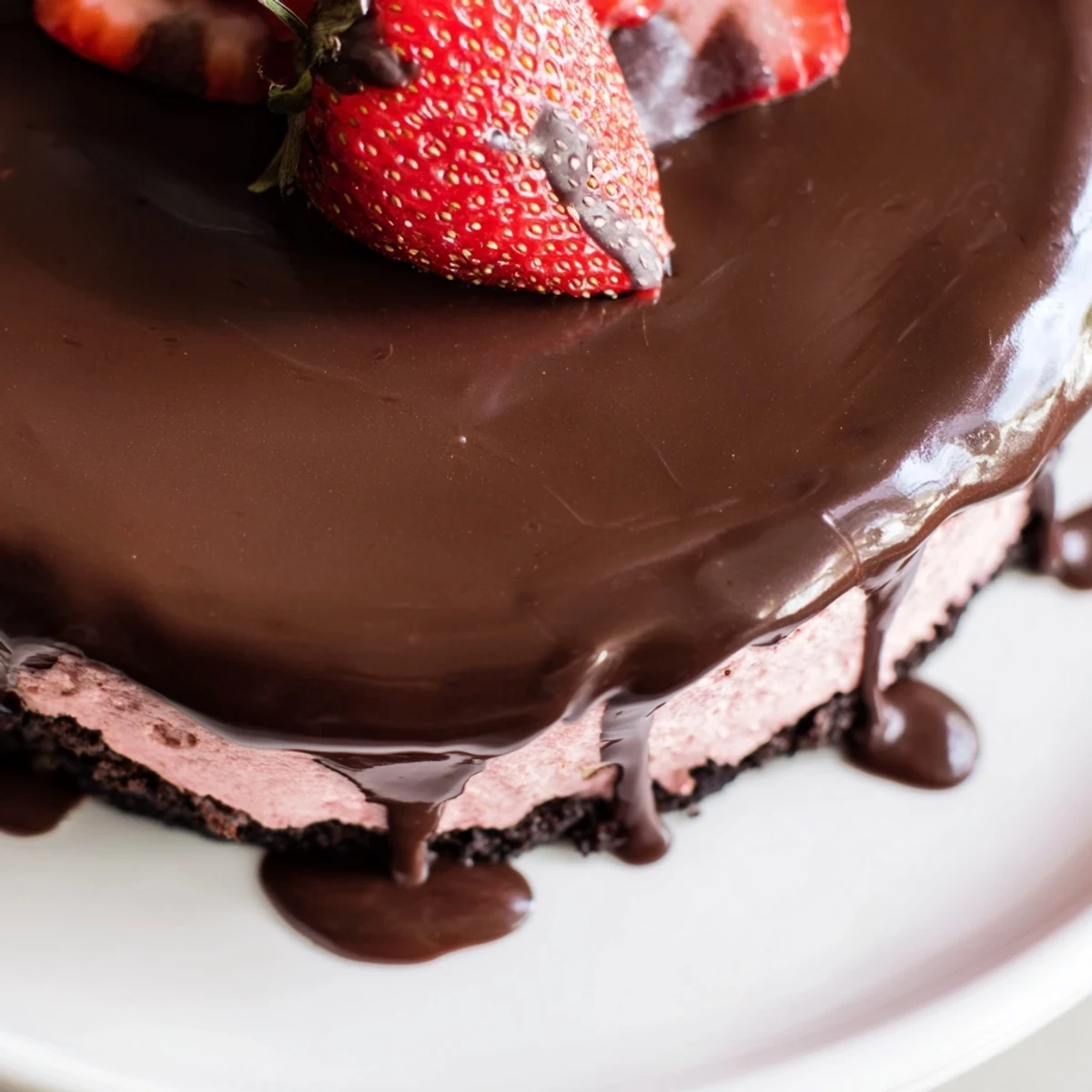 Decadent Chocolate Covered Strawberry Cheesecake garnished with fresh berries and a chocolate drizzle, presented on a marble counter for a celebration dessert.