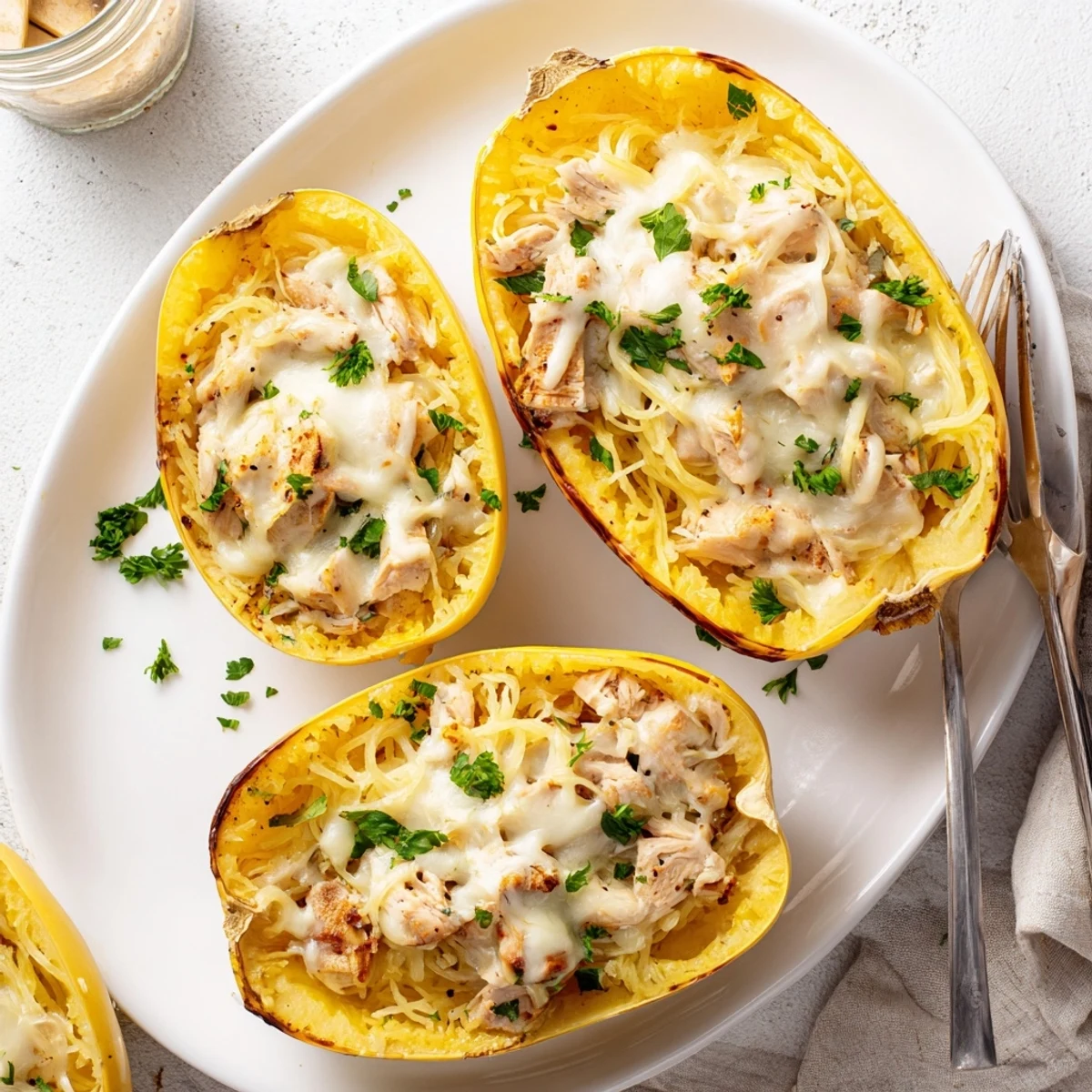 Golden roasted spaghetti squash boats stuffed with creamy Alfredo chicken and bubbling mozzarella, garnished with fresh parsley.