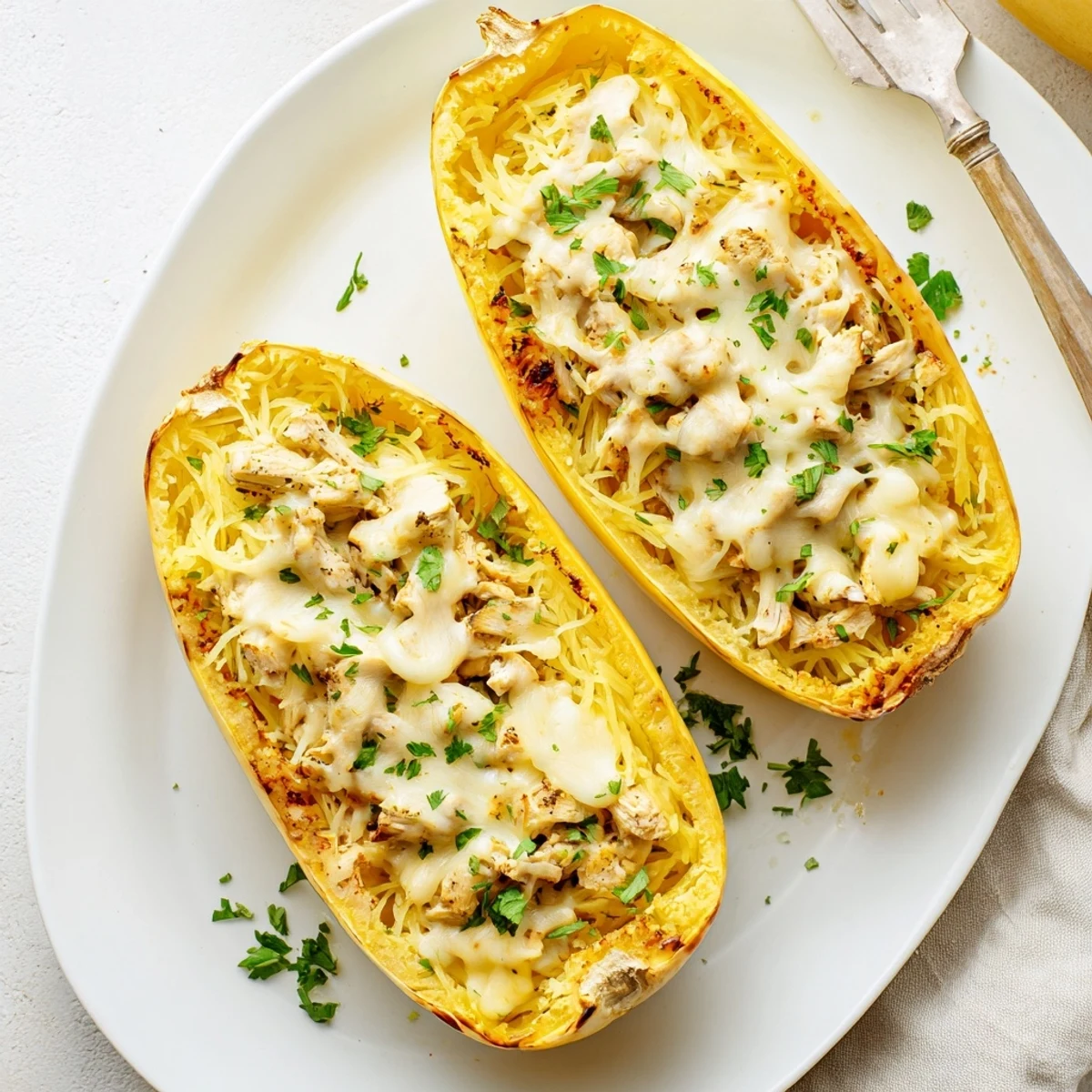 Hot Chicken Alfredo Spaghetti Squash Boats served with a crisp green salad for a balanced, gluten-free Italian-American meal.