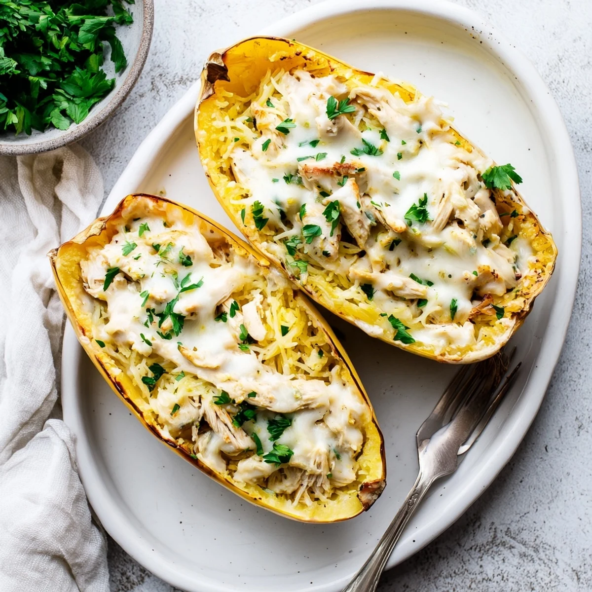 Savory Chicken Alfredo Spaghetti Squash Boats with tender squash strands, juicy diced chicken, and a rich, garlicky Parmesan sauce.