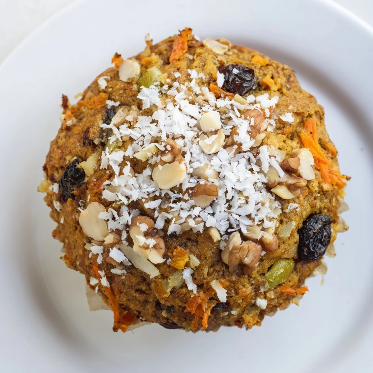 A close-up view of Morning Glory Muffins topped with chopped walnuts and sunflower seeds, ready for a wholesome breakfast snack.