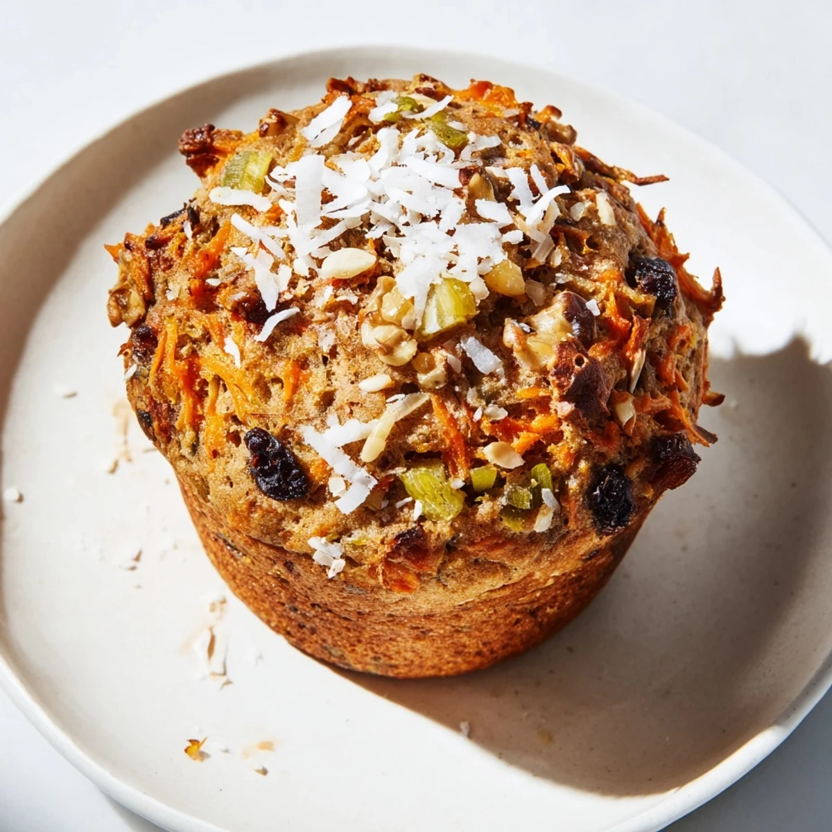 Golden brown Morning Glory Muffins with moist crumb and visible carrots and raisins, paired with a steaming cup of coffee.
