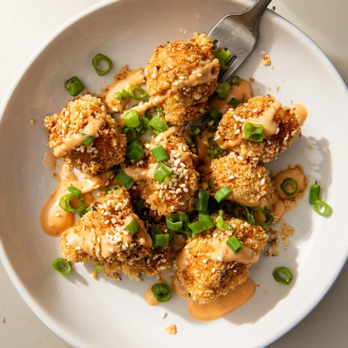 Quick Low Carb Bang Bang Chicken glistening with creamy spicy sauce and toasted sesame seeds.