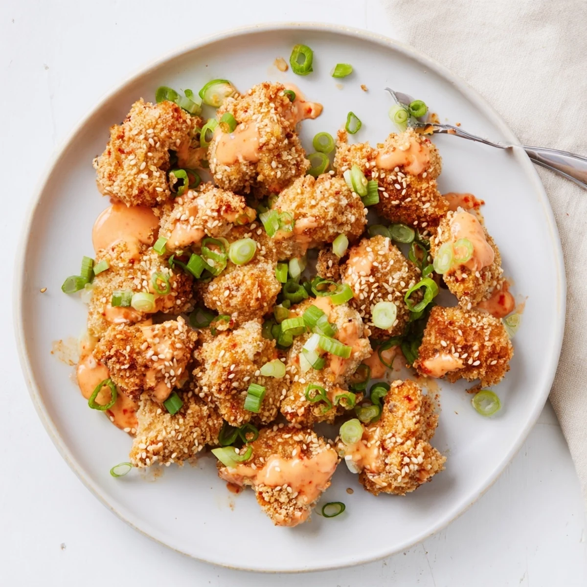 Golden Quick Low Carb Bang Bang Chicken garnished with fresh scallions and paired with cauliflower rice.