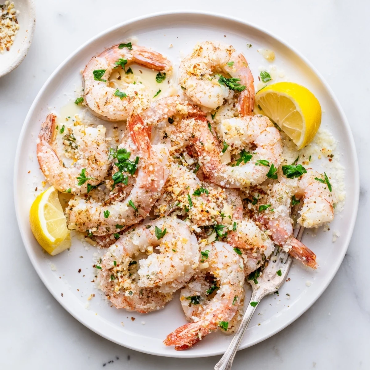 Plate of air fryer garlic parmesan shrimp beside lemon wedges on a rustic table.
