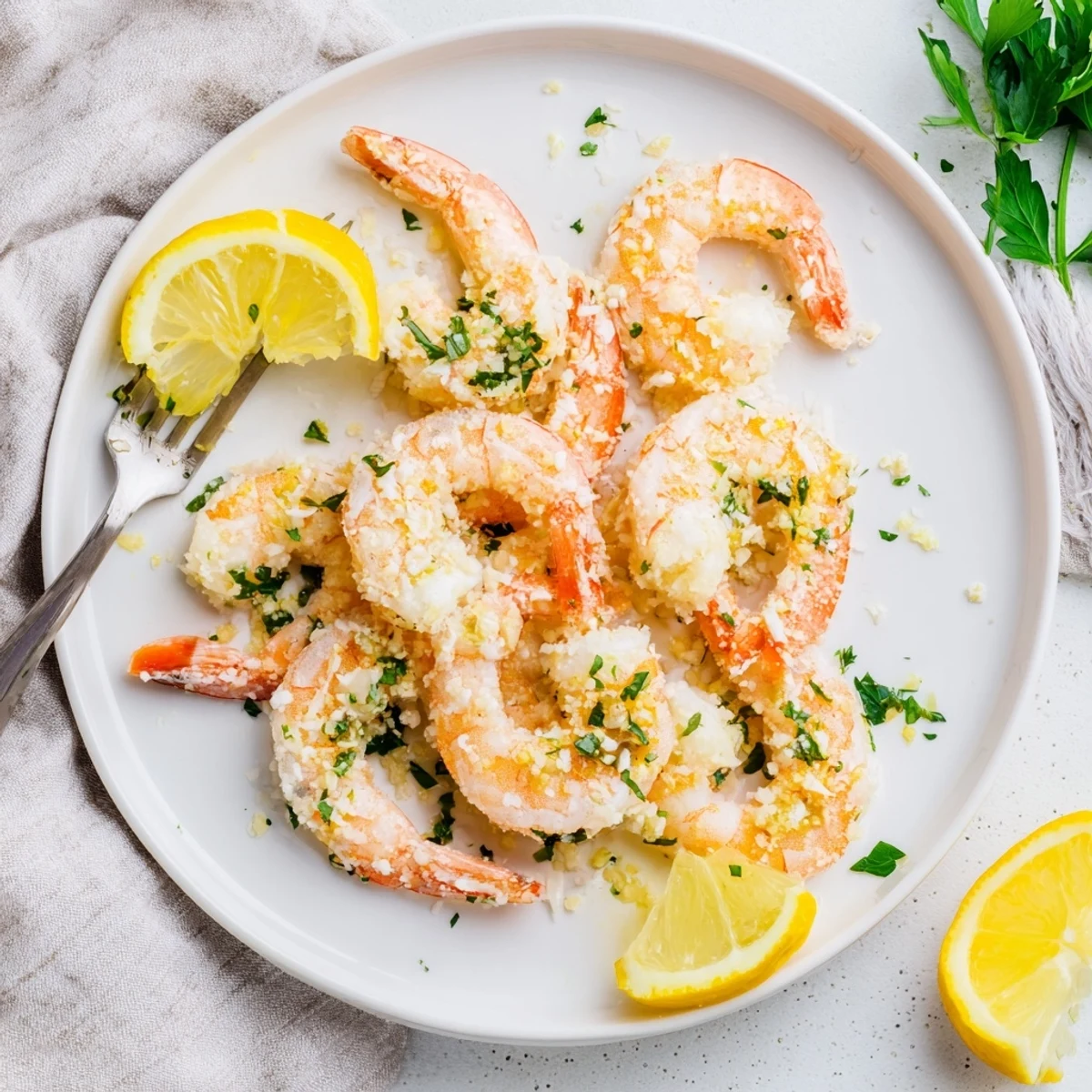 Juicy air fryer garlic parmesan shrimp tossed in garlic-parmesan sauce, served over fresh greens.