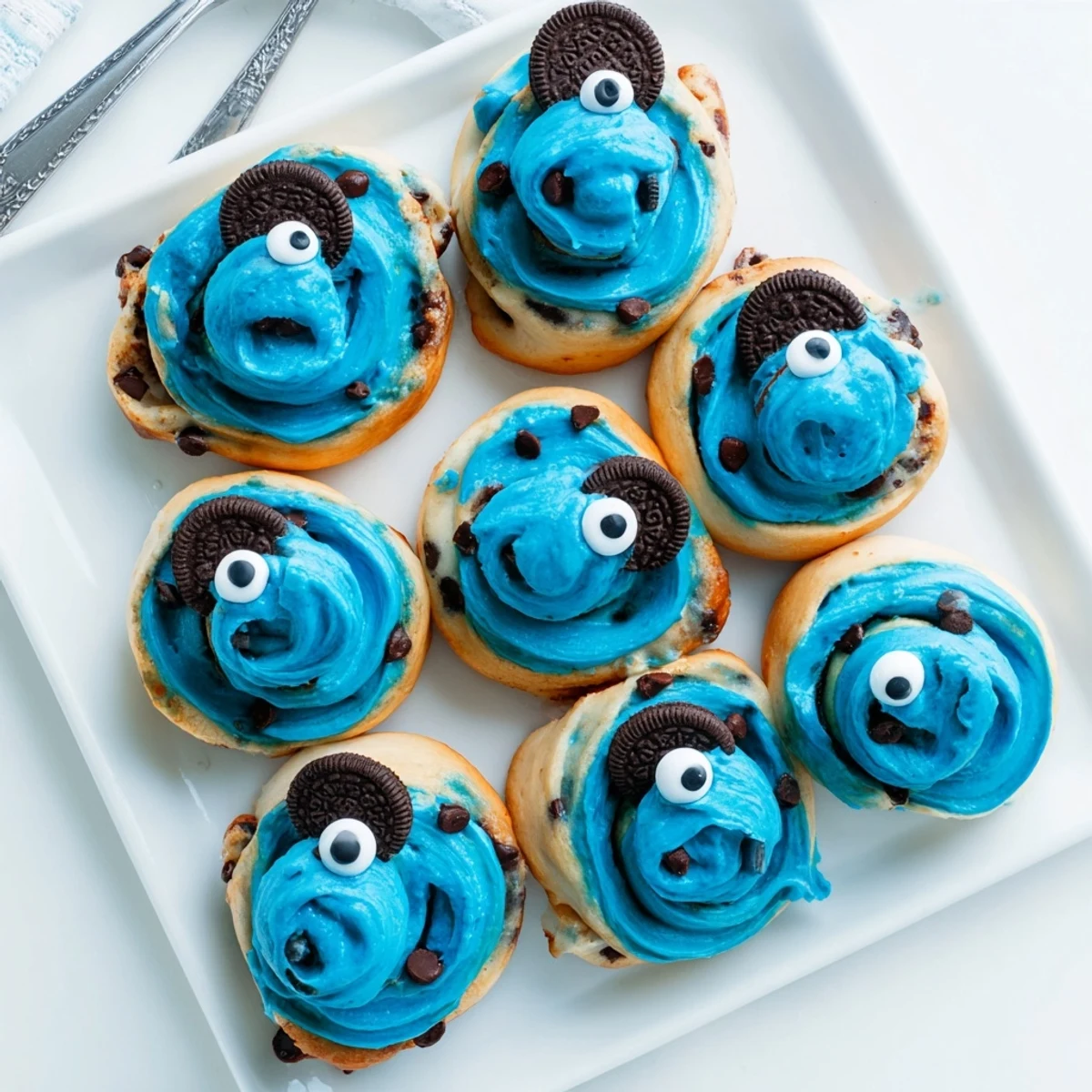 A stack of warm blue Cookie Monster Cinnamon Rolls with vibrant cream cheese frosting, chocolate chips, and candy eyes.