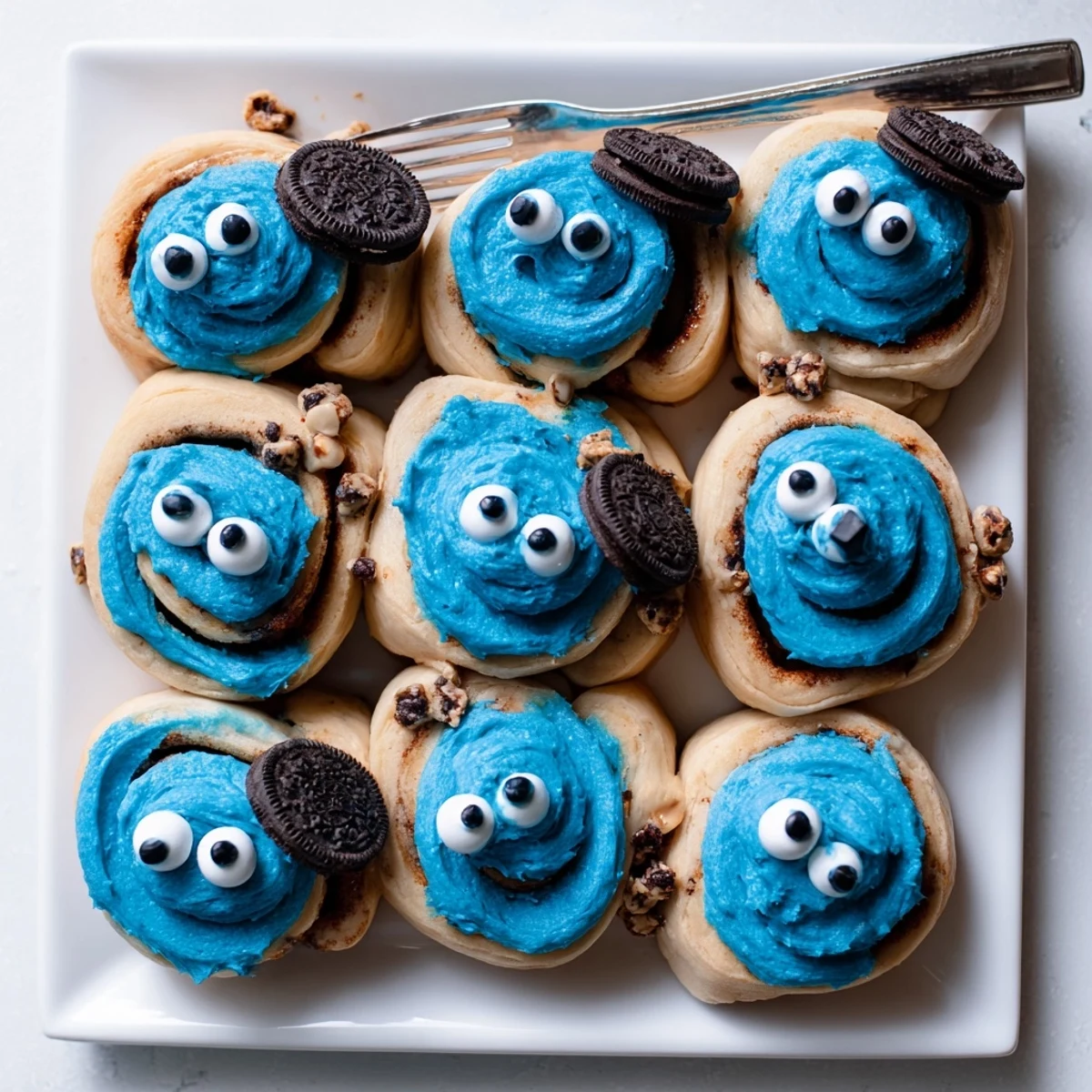 A serving plate of sweet blue Cookie Monster Cinnamon Rolls ready to enjoy with a cold glass of milk.