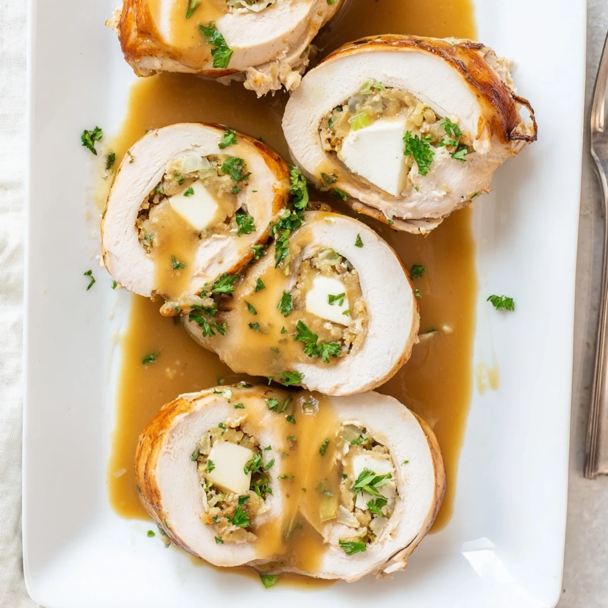 Two sliced Flavor-Packed Turkey Roll-Ups with Stuffing on a plate, melted cheese oozing out, served alongside fluffy mashed potatoes and green beans.