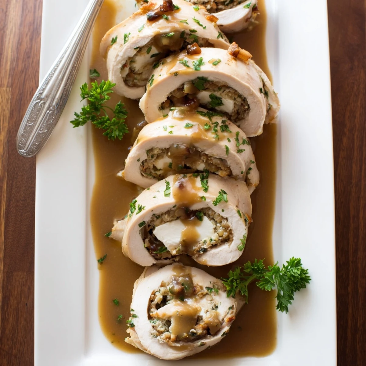 Golden-brown Flavor-Packed Turkey Roll-Ups with Stuffing rest in a white baking dish, drizzled with rich gravy and fresh parsley garnish.
