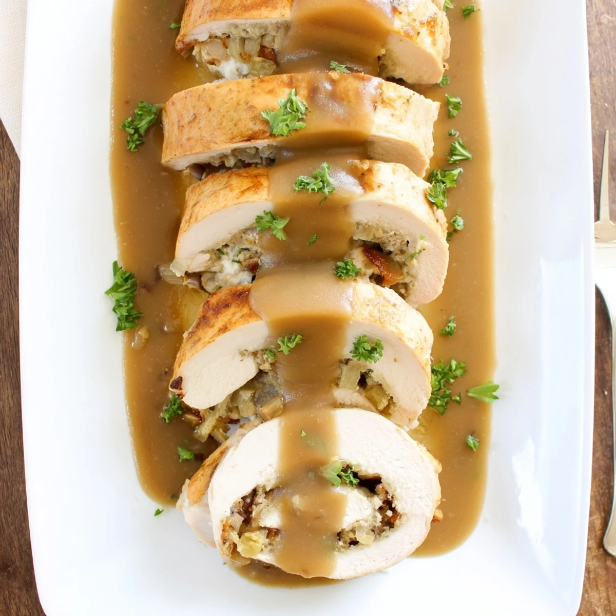 Close-up of a halved Flavor-Packed Turkey Roll-Ups with Stuffing revealing savory stuffing and melted provolone, steam rising from the tender meat.