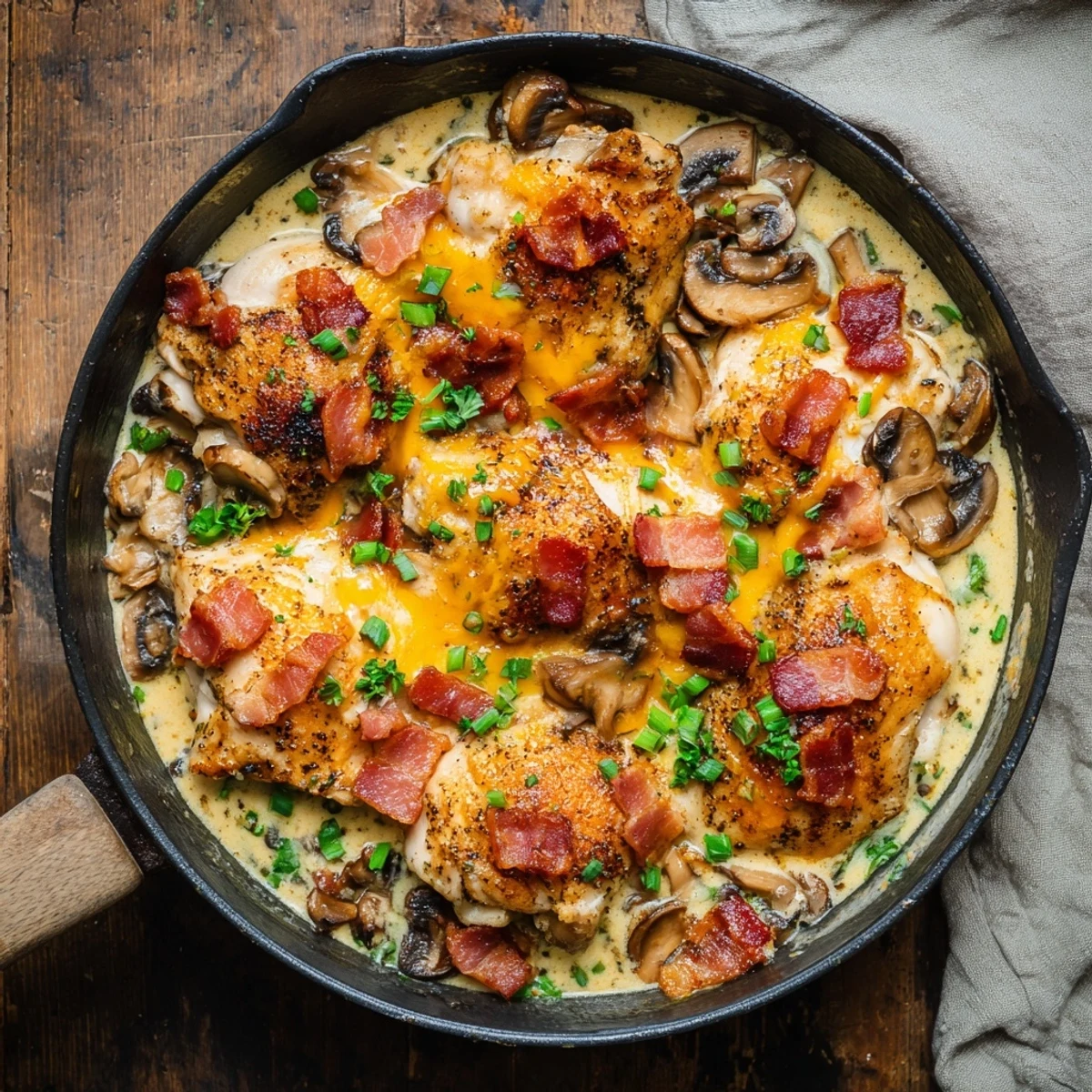 Golden seared chicken breasts smothered in creamy mushroom and bacon cheese sauce for Mississippi Mud Chicken.