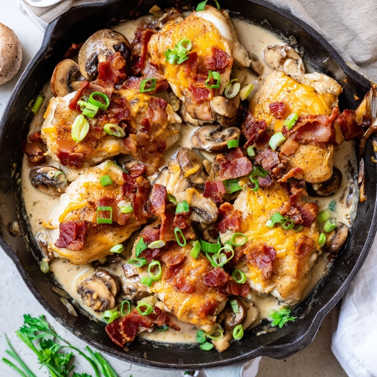 Mississippi Mud Chicken topped with melted cheddar, mozzarella, and fresh parsley on a plate.