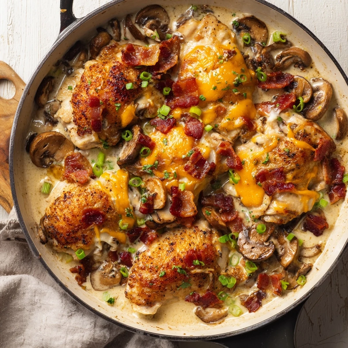 Rich, bubbly Mississippi Mud Chicken served from a skillet with green onions over steamed rice.