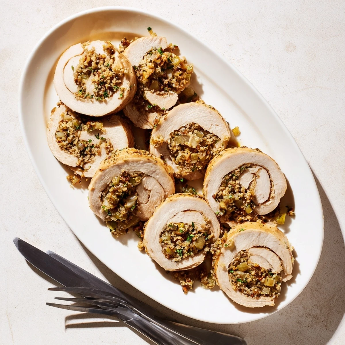Golden-brown Flavor-Packed Turkey Roll Ups with Stuffing are served on a white plate, garnished with fresh parsley.