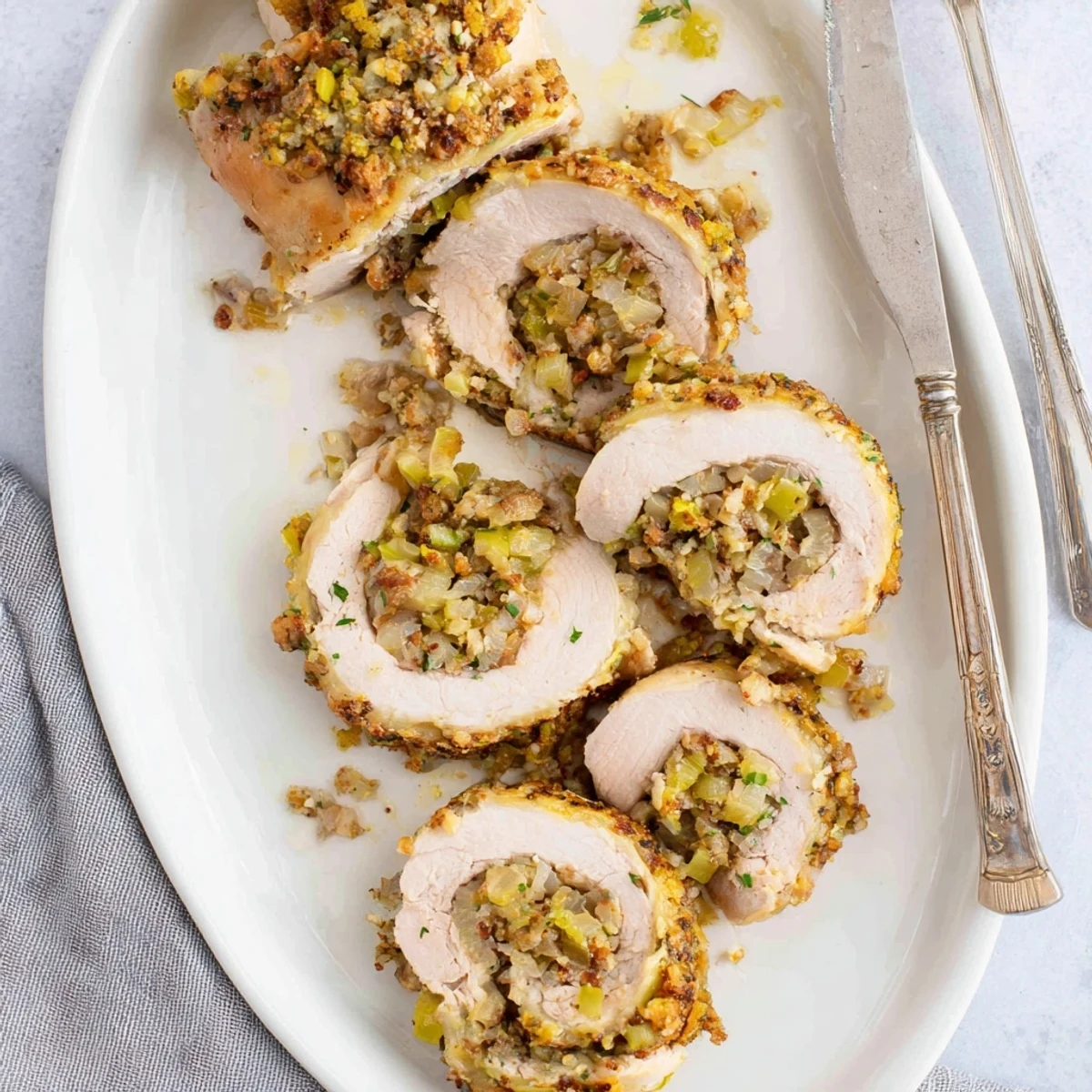 A close-up of Flavor-Packed Turkey Roll Ups with Stuffing reveals juicy turkey wrapped around savory herbs.