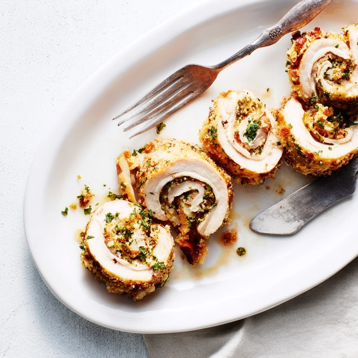 Freshly baked Flavor-Packed Turkey Roll Ups with Stuffing sit on a rustic wooden cutting board for serving.