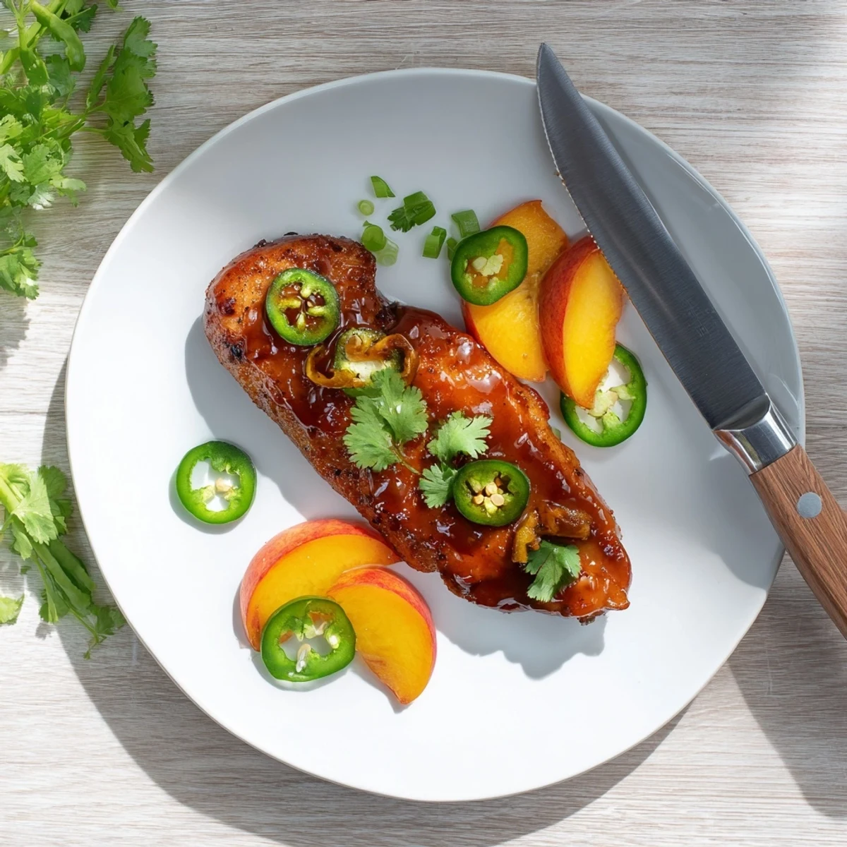 Golden brown chicken breasts coated in a glossy jalapeño peach glaze, garnished with fresh cilantro and peach slices on a rustic wooden board.