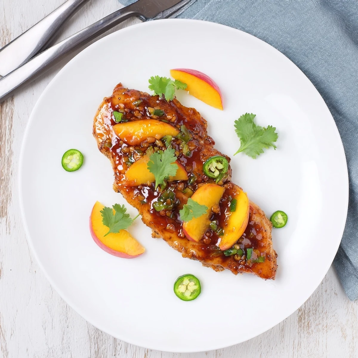 Tender, juicy jalapeño peach glazed chicken served on a white plate with fresh herbs and colorful summer vegetables for a complete meal.